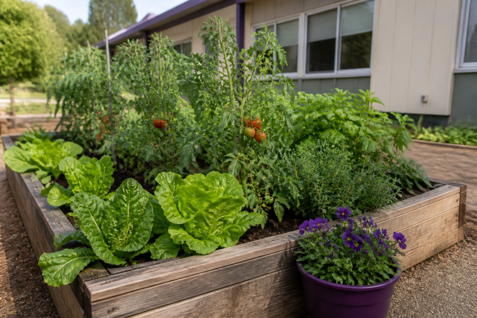 Raised garden bed with leafy greens, tomatoes, and herbs outside a school building